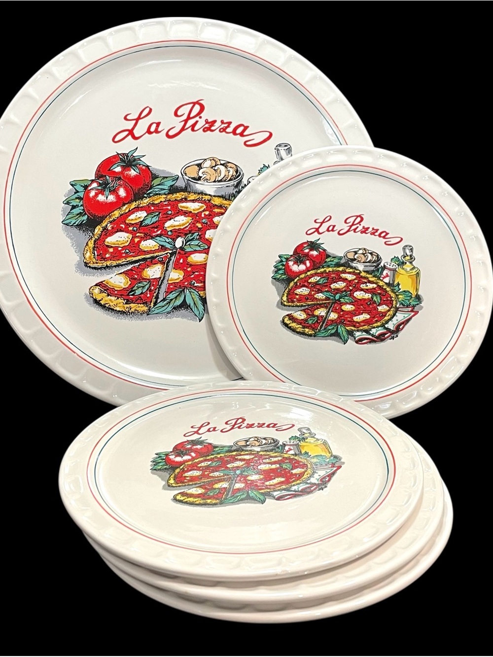 Vintage 2000s "La Pizza" Napoli Ceramic Pizza Platter and Plates Serving Set